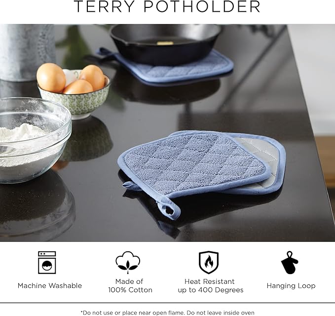 DII Basic Terry Collection Quilted 100% Cotton, Potholder, Blue, 3 Piece