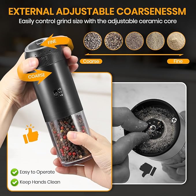 Rechargeable Gravity Electric Salt Grinder Set with Variable Grinding Speed, External Adjustable Coarseness, External Adjustable Coarseness, Charging Base and White LED Light,Black