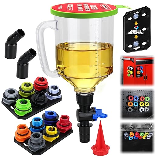 18-Piece Engine Oil Funnel Kit, 1.59QT/1.5L Automotive Oil Funnel Set with 12 Adapters, Elbow Fitting, Arrow Screen and Magnetic Storage Hooks Tray, Compatible with GM, Ford, BMW, Audi, Land Rover Etc