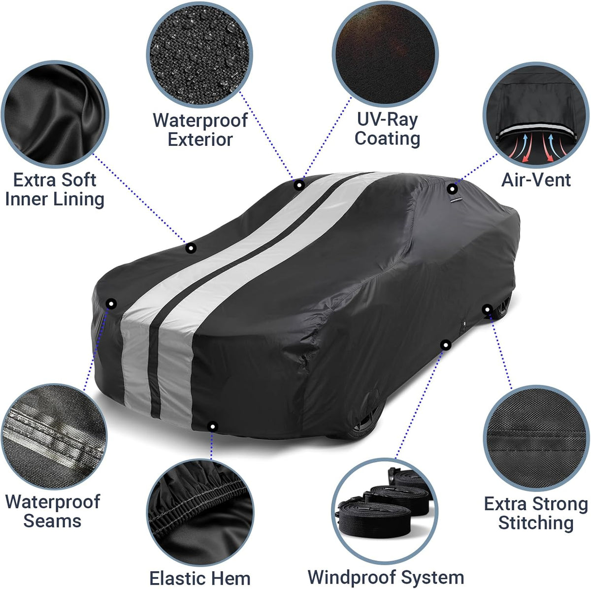 iCarCover Custom Car Cover for Pontiac Parisienne 2-Door, 4-Door, Wagon (1959-1964) Waterproof All-Weather Rain Snow UV Sun Protector Full Exterior Indoor Outdoor Car Cover (Stripe - Black/Gray)