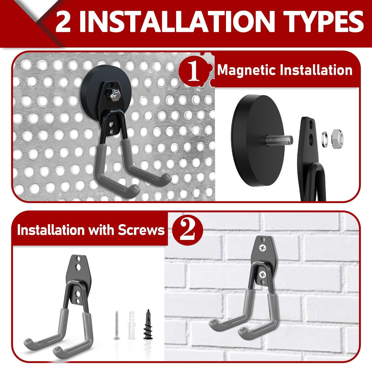 3-H Heavy Duty Magnet Garage Hooks 2 Pack, Large Strong Magnetic Hooks for Hanging Cordless Power Drill, Utility Magnetic Tool Holder for Metal Cabinet, Steel Pegboard, Toolbox, Garage(Grey)