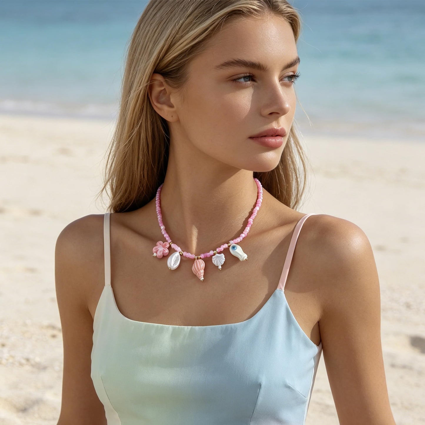 JAGWQRK Starfish Shell Charm Necklaces for Women Boho Adjustable Beaded Fish Shell Charm Necklace Hawaiian Summer Beach Surfe Party Present Jewelry