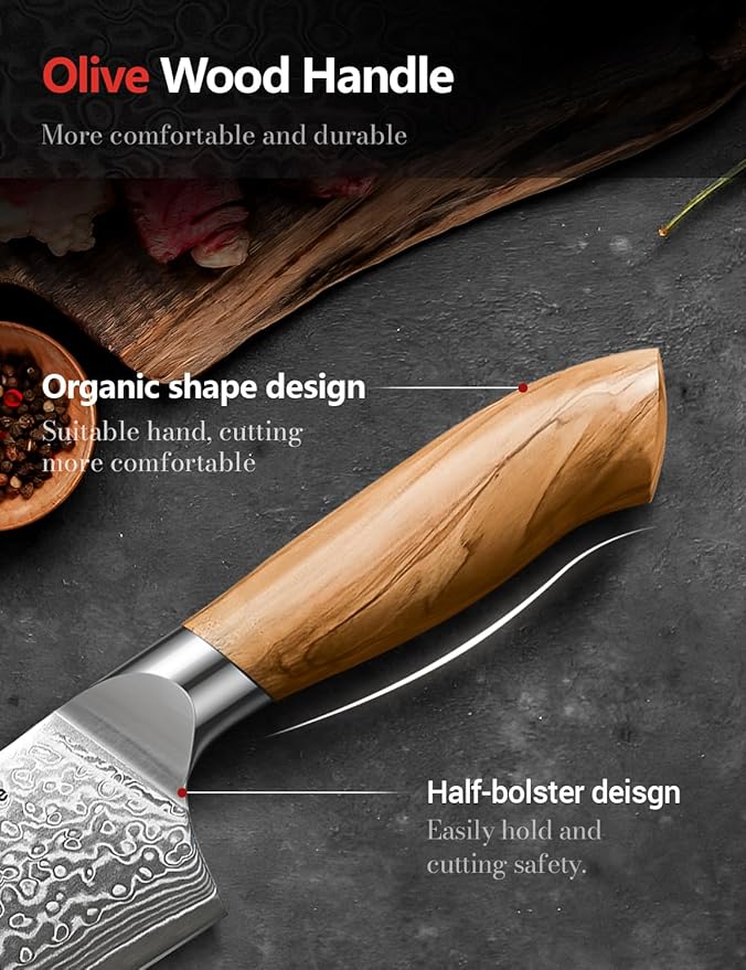 Damascus Chef Knife in Japanese Steel, 67-Layers Damascus Kitchen Knife with Wooden Gift Box and Original Olive Wood Handle, Cooking Knives for Home Kitchen Gift Idea