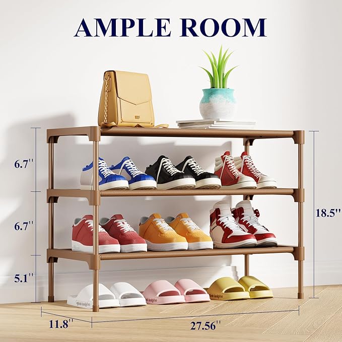 Kitsure Shoe Rack - Non-Woven Shoe Rack Shelf, Shoe Organizer for Closet, Entryway, Garage & Corridor, Stackable Shoe Shelves, 27.5" Wide - 3 Tier, Brown