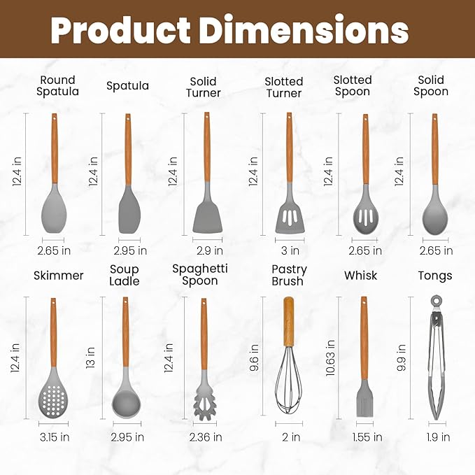 Kitchen Utensils Set - 12 Pcs Silicone Cooking Utensils Set with Wooden Handle - Heat Resistant Non-Stick BPA Free Spatula Set,Turner, Spoon, Brush, Silicone Kitchen Gadgets Utensil Set