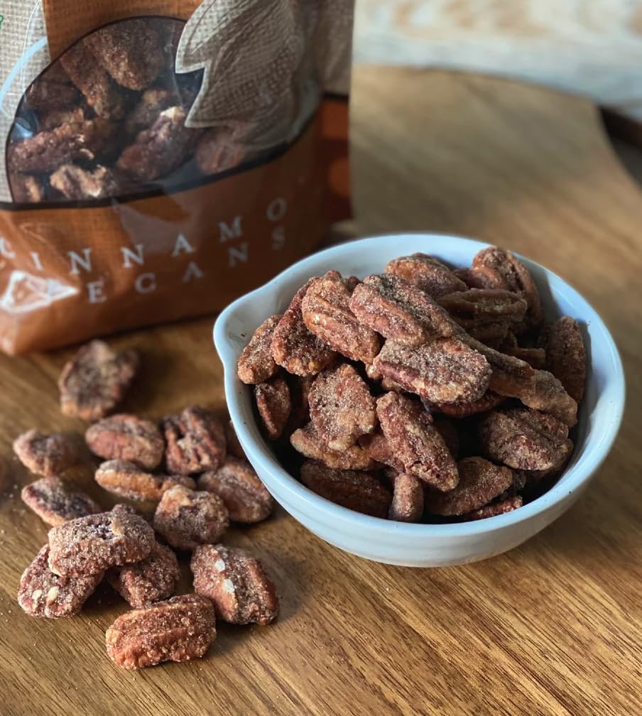 HUDSON PECAN: Cinnamon Pecans Georgia Grown, Family Owned. Cinnamon & Sugar Candy Coated Pecans, Expertly Baked to Perfection, 8oz