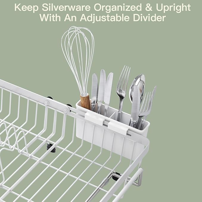 MAJALiS Dish Drying Rack Over The Sink, Expandable Stainless Steel Dish Drainer for Small Kitchen Counter Space Saving, RV Compact Plate Strainer in White Metal with Hanging Adjustable Utensil Holder