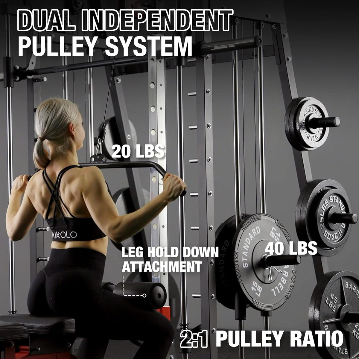 Mikolo Smith Machine, 2200lbs Squat Rack with LAT-Pull Down System & Cable Crossover Machine, Training Equipment with Leg Hold-Down Attachment