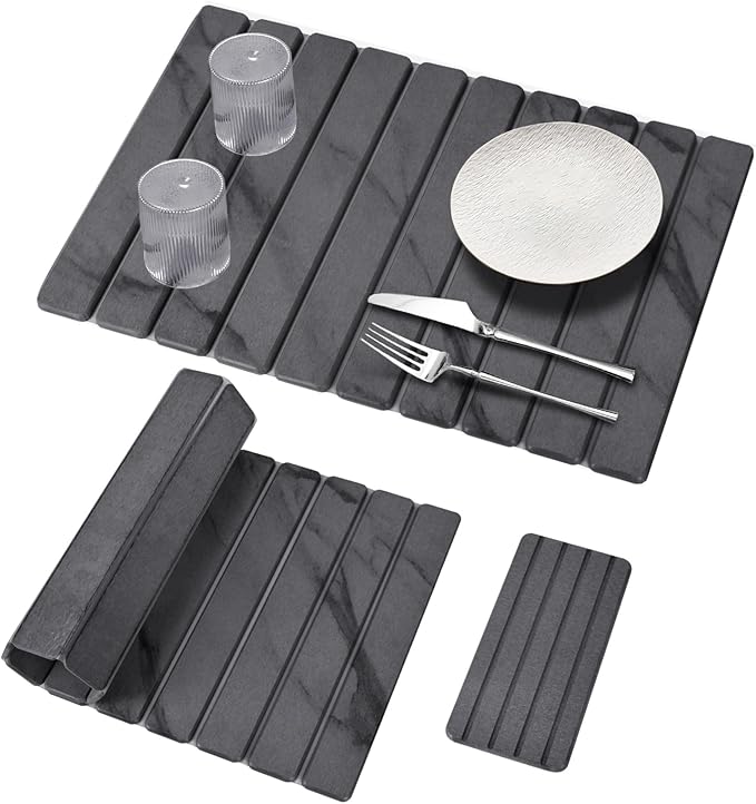 2 PCS Large Stone Dish Drying Mat for Kitchen Counter, 24"×16" Marble Dish Drying Mat with 8"x 4" Coasters, Non - Slip Collapsible Absorbent Mat for Multi - Purpose, Match Any Countertop【Dark Gary】