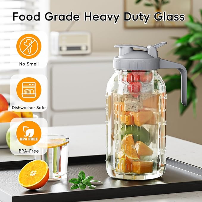 64 oz Glass Pitcher with Lid, Heavy Duty Wide Mouth Mason Jar with Pour Spout, Tea Jug Airtight Seal for Freshness and Convenience, Great for Cold Beverages, Breast Milk and Infused Drinks