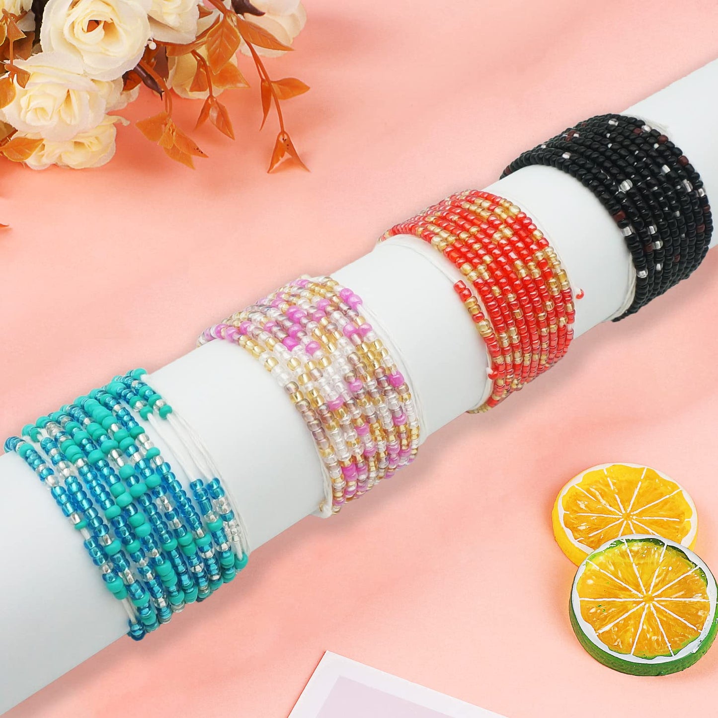 Teniinet 4PCS 50” Handmade African Waist Beads for Women Non-Stretching(Tie-on)