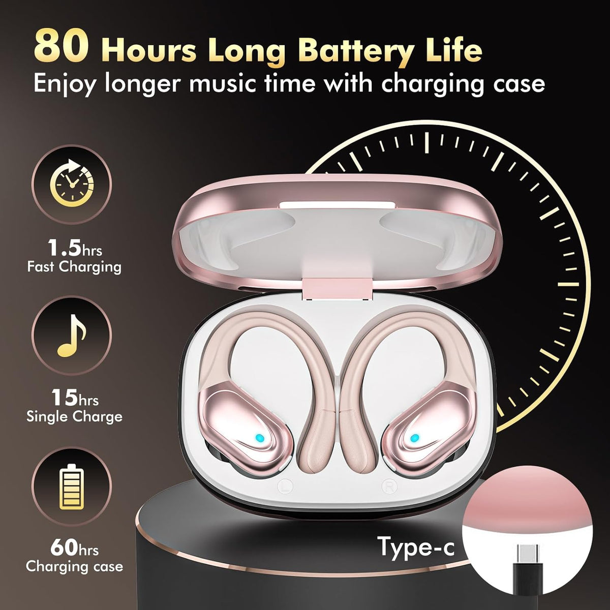 Wireless Earbuds, Sports Bluetooth Headphones, 80Hrs Playtime Ear Buds with LED Power Display, Noise Canceling Headset, IPX7 Waterproof Earphones for Workout/Running (Rose Gold)