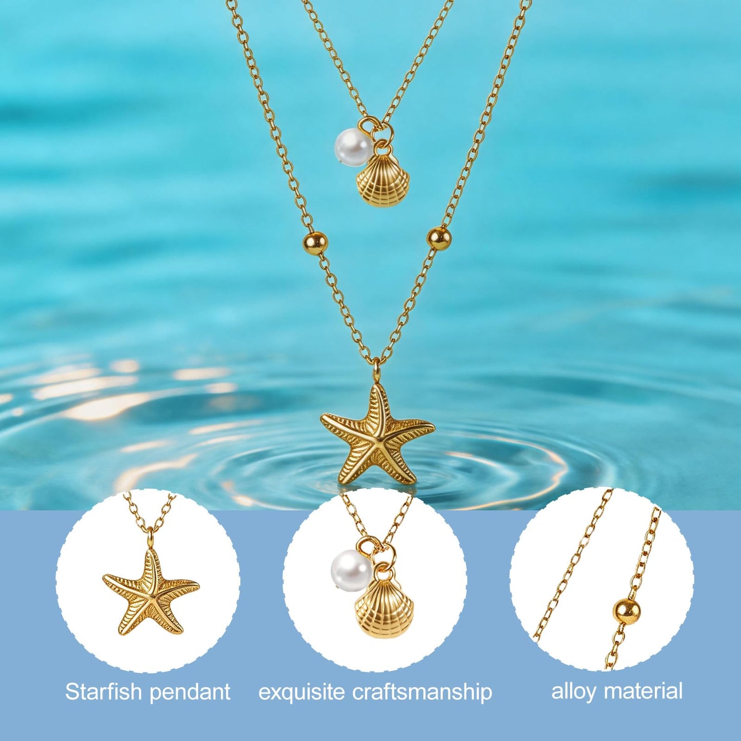 Qoncosy 2 Pcs starfish necklace, layered gold tone chain seashell pendant, beach vacation coastal accessories, gold color party daily wear women