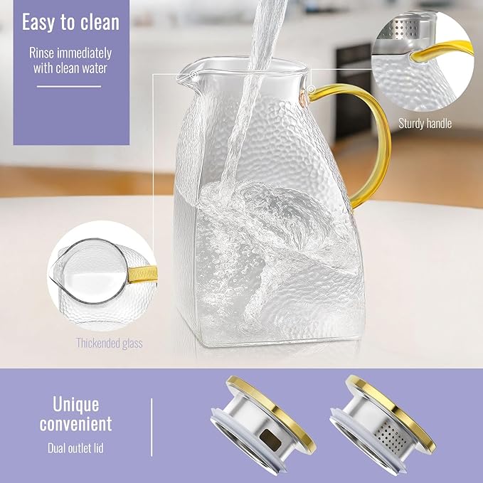 WARMSIMPLE 2 Pack Glass Pitcher With Handle And Lid, Large 2 Liter Glass Water Pitcher For Fridge, 68oz glass Tea pitcher Hot And Cold Iced Juice Coffee Milk, Jug Carafe For Beverages Drink