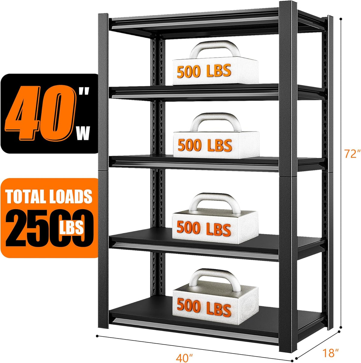40in Wide Garage Shelving Heavy Duty，2500lbs Large Loads Adjustable Garage Storage Shelves,All Metal Storage Racks and Utility Rack Shelves, 40”W x 18”D x 72”H (Black)