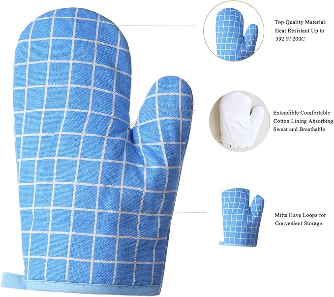 Oven Mitts and Potholders BBQ Gloves-Oven Mitts and Pot Holders with Recycled Infill Silicone Non-Slip Cooking Gloves for Cooking Baking Grilling (4-Piece Set,Blue)