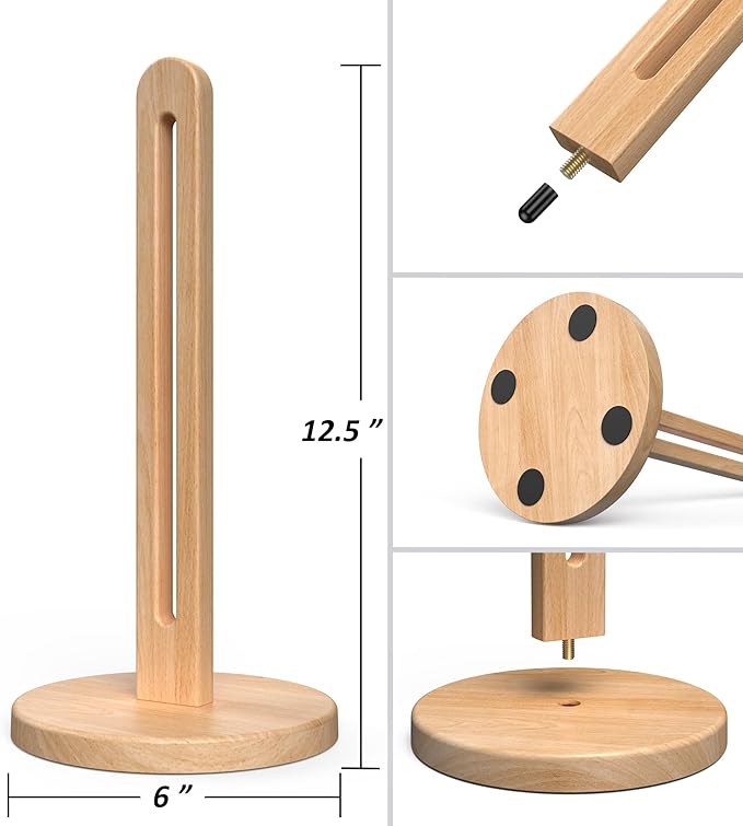 KitchLife Wooden Paper Towel Holder Countertop, Fits Jumbo Roll, Solid Freestanding Beech Wood Light Wood Paper Towel Dispenser Stand with Non-Slip Base