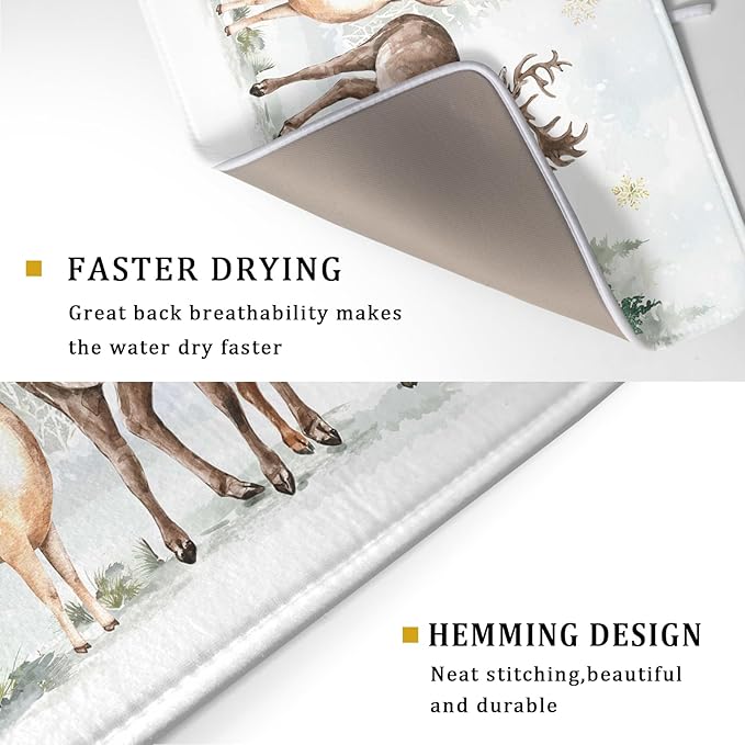Winter Deer Dish Drying Mat for Kitchen Counter Xmas Trees Snowflake Festival Microfiber Absorbent Dish Draining Reusable Washable Foldable Extra Large 18"x24"