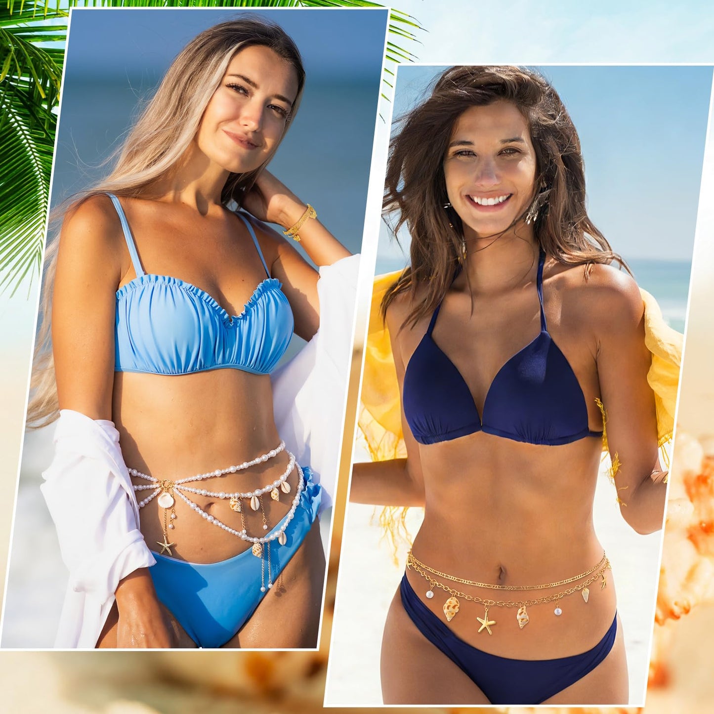 Lenwen 10 Pcs Boho Natural Starfish Shell Belly Chain for Women Summer Beach Seashell Waist Chain Multi Layered Body Pendant Jewelry for Summer Beach Vacation Bikini Jewelry Accessories