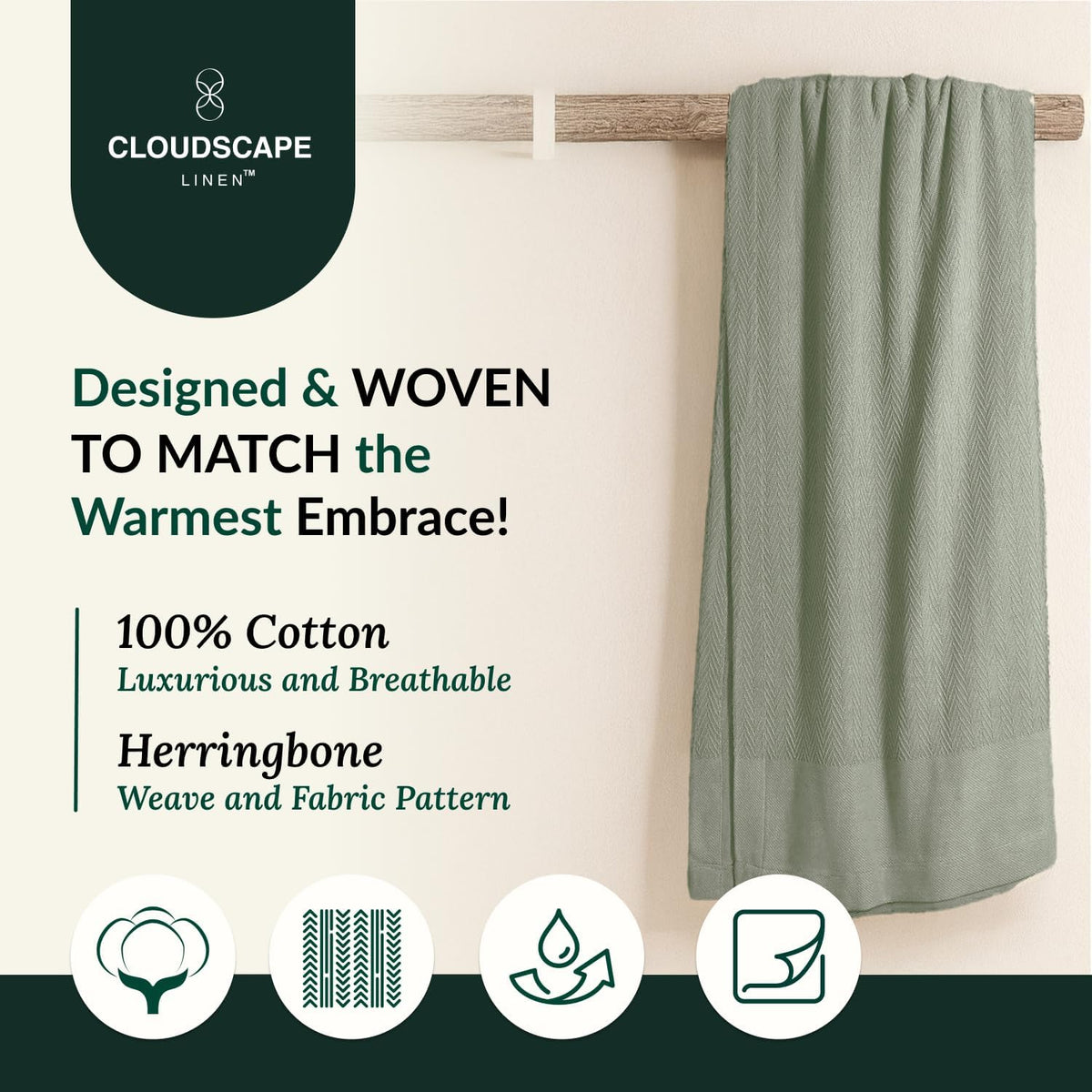 Cloud Scape Linen Herringbone Cotton Throw Blanket for Couch, Bed,Sofa, Home Decor, Soft, Lightweight, All-Season Bed Blanket, 50 x 70, Olive Green