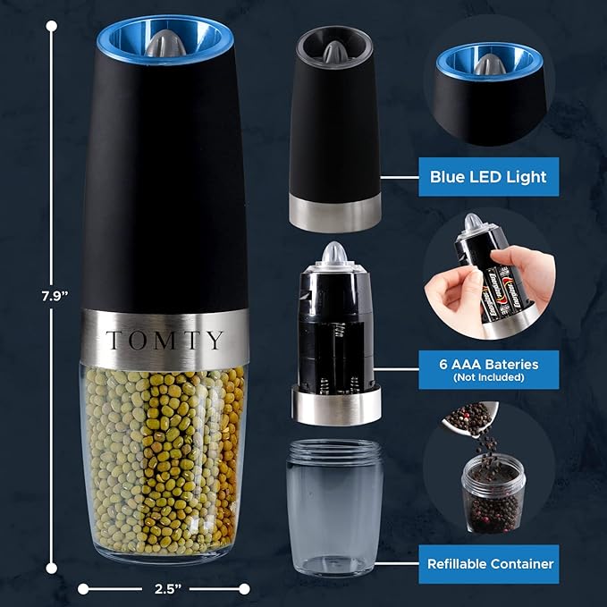 Gravity Electric Salt and Pepper Grinder Set White Elephant Gifts for Women Who Have Everything Grilling Men Kitchen Gadgets Housewarming Holiday Cooking Adults Idea Battery Operated Shakers Automatic