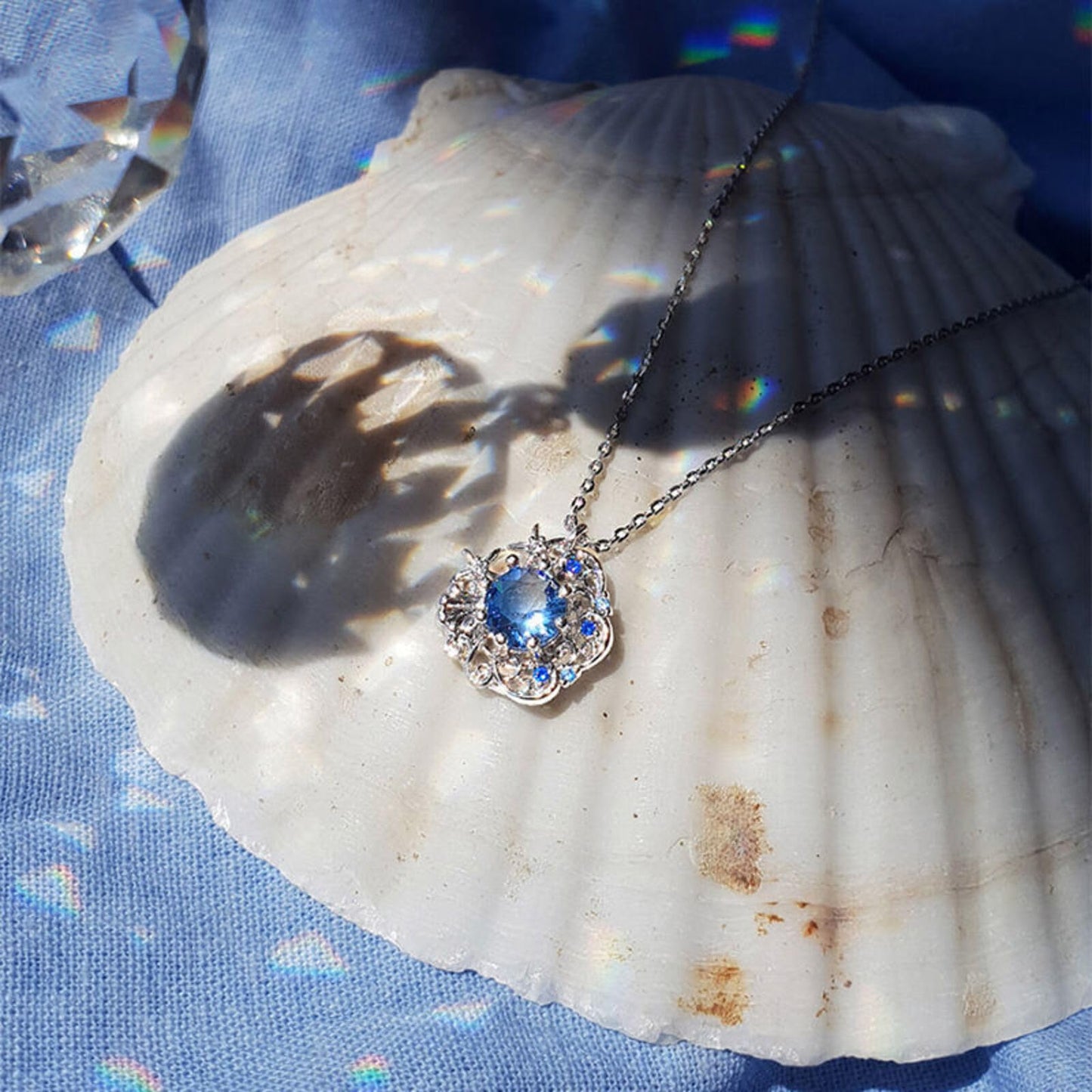 Crystal Shell Necklace for Women Gold Silver Gemstone Sea Beach Necklace Rhinestone Starfish Wave Pendant Necklace Adjustable Ruby Sapphire Necklace Spring Summer Beach Jewelry Accessories (summer)