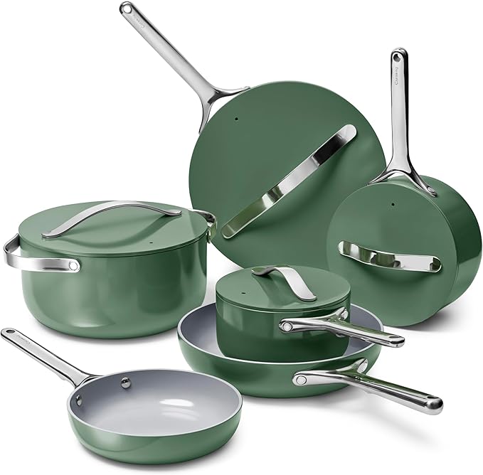 Caraway Deluxe Non-stick Ceramic Cookware Set (16 Piece) Pots, Frying Pans, Lids and Kitchen Storage - PFAS & PFOA Free - Oven Safe Pan Set & Compatible with All Stovetops - Sage