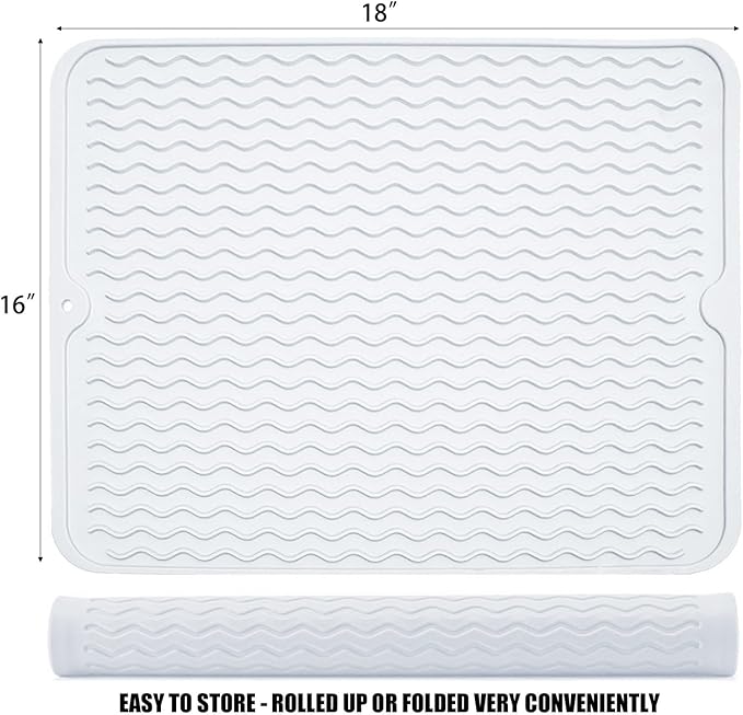 Silicone Dish Drying Mat for Multiple Usage, Easy clean, Eco-friendly, Heat-resistant Dish Drainer Mat for Kitchen Counter,Sink,Refrigerator or Drawer liner (18" x 16", Translucent)