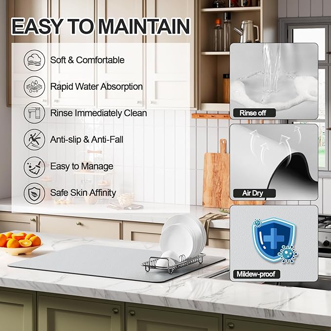 Ecotrim - Dish Drying Mat for Kitchen Counter | Coffee Bar Mat for Countertops | Heat Resistant Drainer Mat with Non-slip Rubber Backed | Hide Stain Kitchen Absorbent Draining Mat | Light Grey 18"x32"
