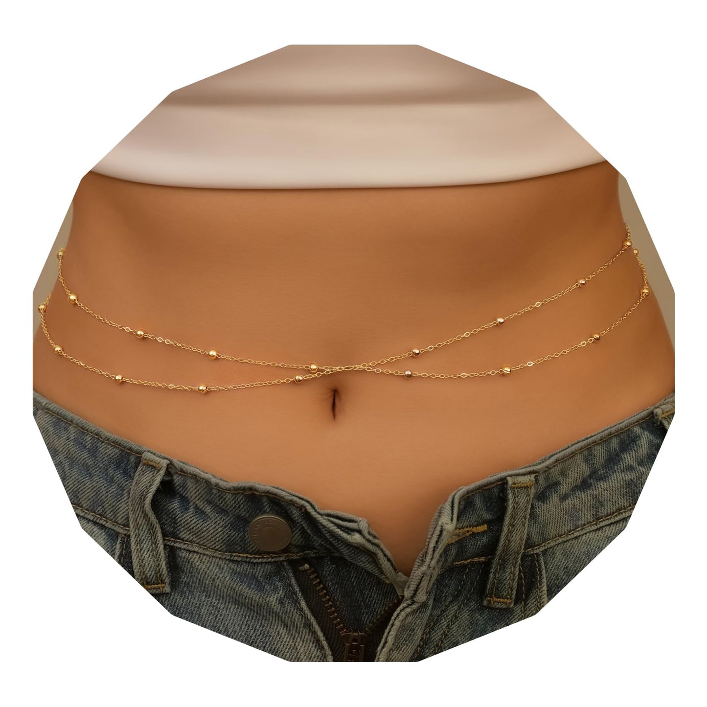 Waist Chain for Women 14K Gold Plated Layered Belly Chain Body Chain Adjustable Bikini Beach Body Jewelry for Women 2 Pcs/Set