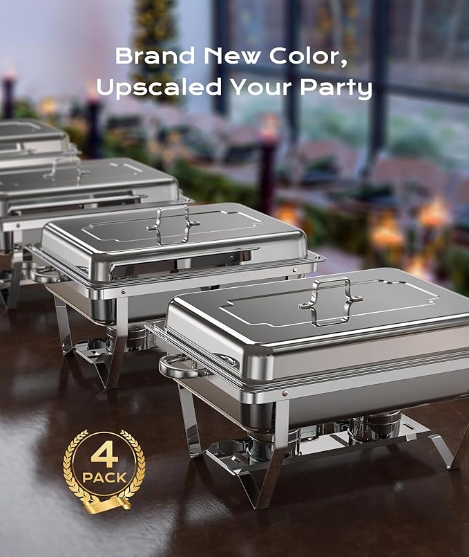 Chafing Dishes for Buffet 4 Pack, 9QT [Mirror-Like Polished Finish] Food Warmers for Parties Buffet [No Fingers Cut] Roll Edge Designed Chafing Dish Buffet Set for Any Party with Complete Set