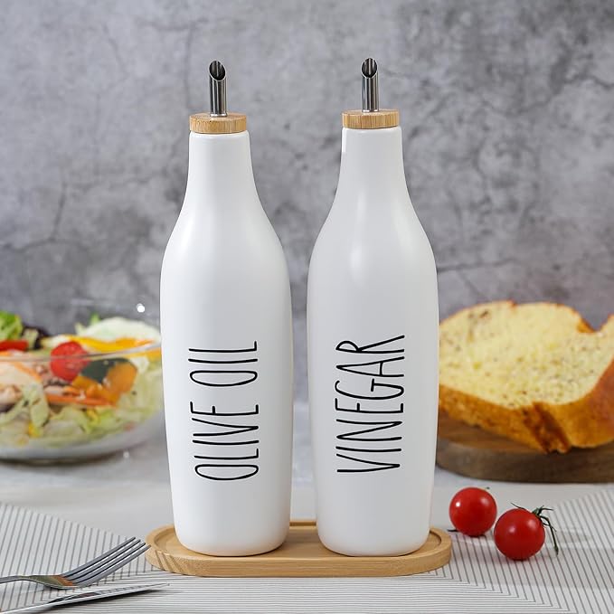 HOMCDALY Ceramic Olive Oil Dispenser for Kitchen, Stoneware 16oz Oil and Vinegar Bottles Dispenser, Kitchen Dispenser Bottle for EVOO Vinegar Syrups, Modern Farmhouse Design(W-V)