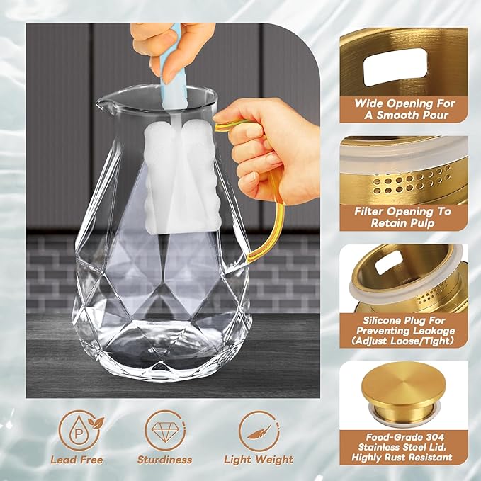 Yirilan Glass Pitcher, 2.4Liter Water Pitcher With Lid, Iced Tea Pitcher for Fridge, Glass Water Carafe With Lid, Glass Water Jug, Large Drink Pitcher For Juice, Milk, Cold Or Hot Beverages, 2400ML