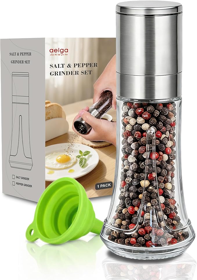 Aelga Pepper Grinder with Silicone Funnel - 4oz Glass Manual Mills with Adjustable Ceramic Core, Refillable Kitchen Gadget