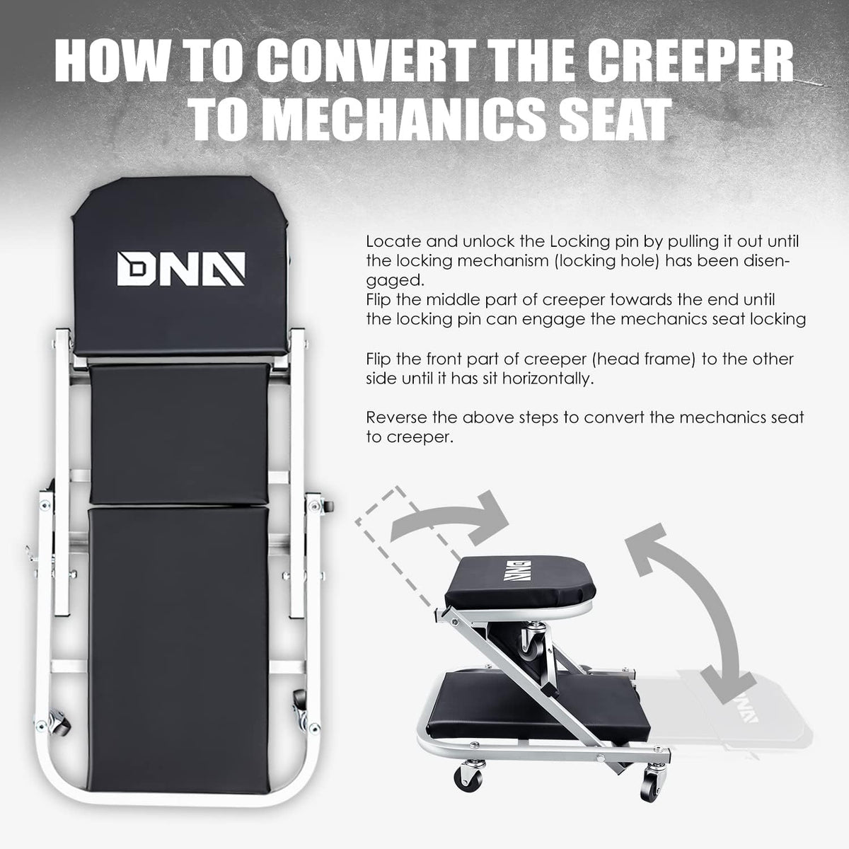 ‎DNA MOTORING TOOLS-00185 36 Inches 2 IN 1 Rolling Folding Car Creeper/Seat, 6 Pcs 2" Casters, 150kg Weight Capacity, Gray