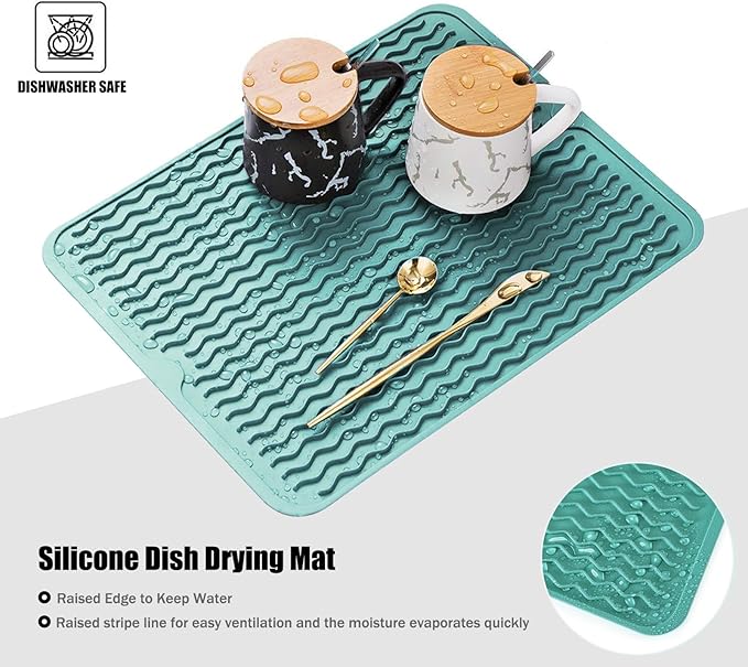 Large 14" x 11" Silicone Dish Drying Mat for Kitchen Counter, Easy clean, Quick Dry, Heat-resistant Dish Drainer Mat for Sink,Refrigerator or Drawer liner (Food Grade Silicone-Green)