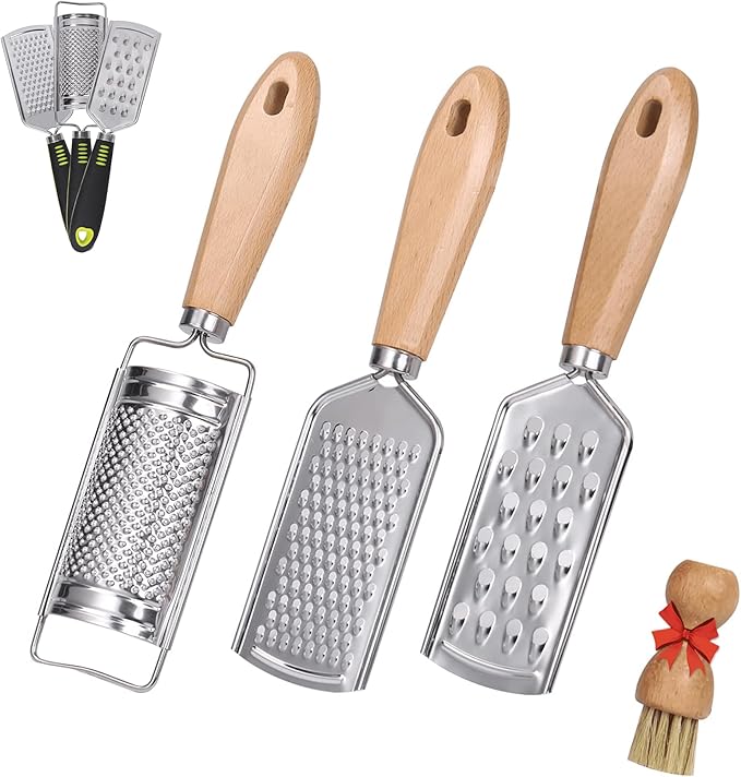 Handheld Cheese Graters with Cleaning Brush Stainless Steel Vegetable Grater with Wood Handle Multifunctional Kitchen Food Shredder for Chocolate Butter Nuts Ginger (Wooden Handle) By beardo decor