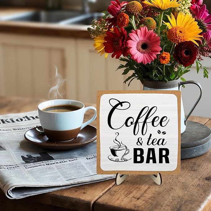 Rustic Coffee & Tea Bar Decor Sign,Funny Wooden Plaque for Cafe Bar,Coffee Station,or Shelf, Farmhouse Kitchen Cafe & Tea Accessories for Home or Office 5.9 x 5.9Inch(White+Brown04)