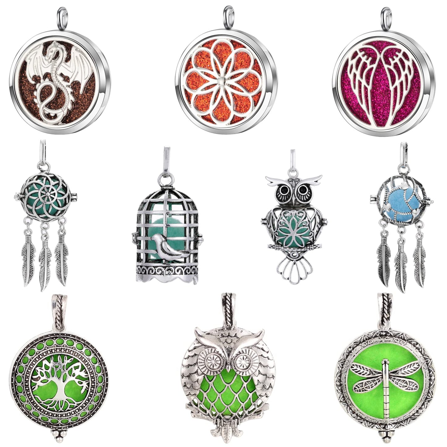 Vie jeune Mixed 10pcs Aroma Diffuser Locket Pendants Set, Essential Oil Diffuser DIY Necklace Jewelry Making Craft, Bulk Aromatherapy Diffuser Charms Gifts for Women (Mixed 10pcs Diffusers)