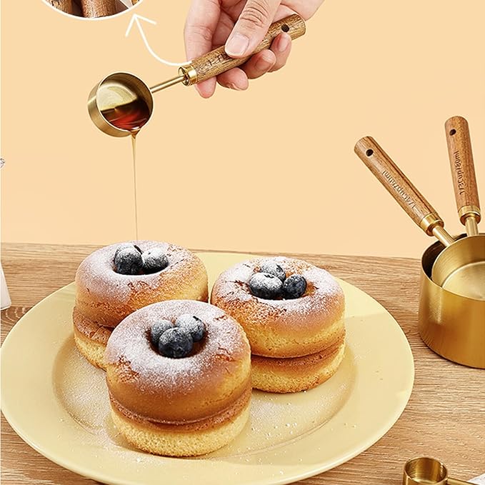 8Pcs Measuring Cups and Spoons Set - Golden Stainless Steel Measuring Cups with Wooden Handle, Metal Measuring Spoons Set Nesting Kitchen Measure Set for Kitchen/Food/Baking (8Pcs Wooden Handle)