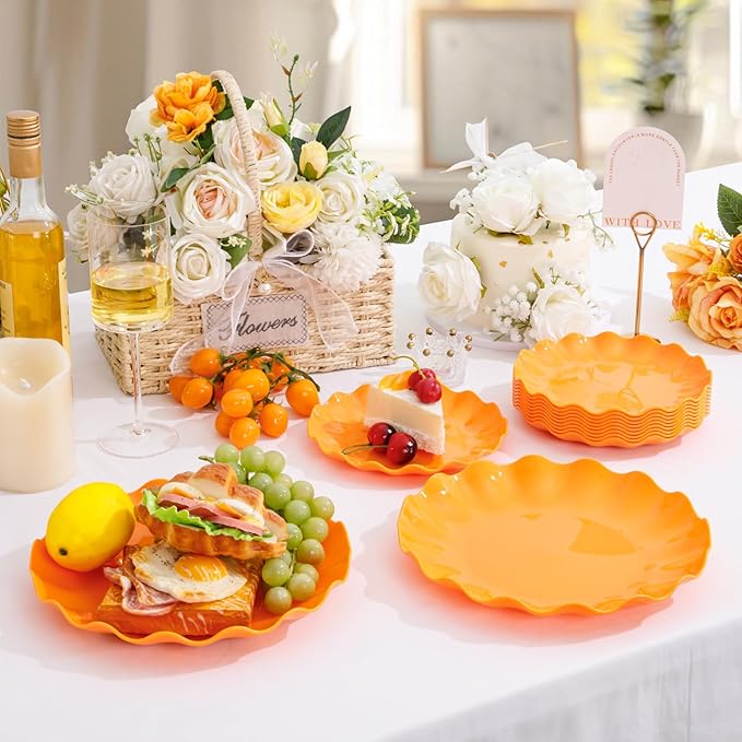 LIYH 50 Pcs Heavy Duty Thanksgiving Plates Orange Scalloped Plastic Plates Reusable Unbreakable Halloween Plastic Plate for Thanksgiving & Halloween Day, Dishwasher Safe BPA Free (25Guests)
