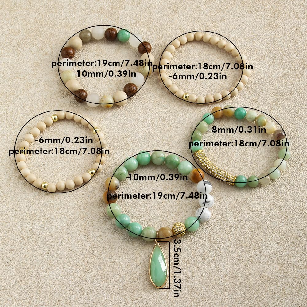 Yomisa Boho Beaded Bracelets for Women,Multilayer Wrap 5PCS Healing Natural Stone Agate Bead Bracelets Handmade Stackable Friendship Stretchy Beaded Bracelet Set Trendy Bohemian Jewelry Gift for Women