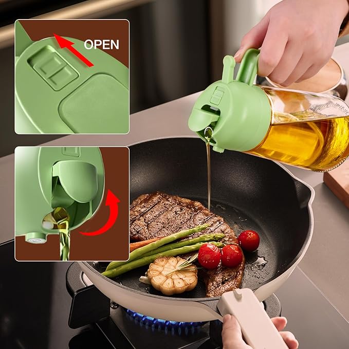YARRAMATE Olive Oil Dispenser, 2 in 1 Oil Sprayer for Cooking, 16oz/470ml Glass Oil Spray Bottle with Pourer, Food-grade Oil Dispenser and Oil Sprayer for Kitchen, Salad, Frying, BBQ (Black & Green)