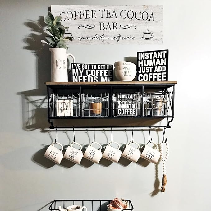 Coffee Tea Cocoa Bar Sign Decor Farmhouse Wall Plaque with Wood Grain Retro Cafe Canvas Prints for Bar Decor Open Daily Self Serve Kitchen Cafe Pub Nook Decoration Accessories 6"x17"