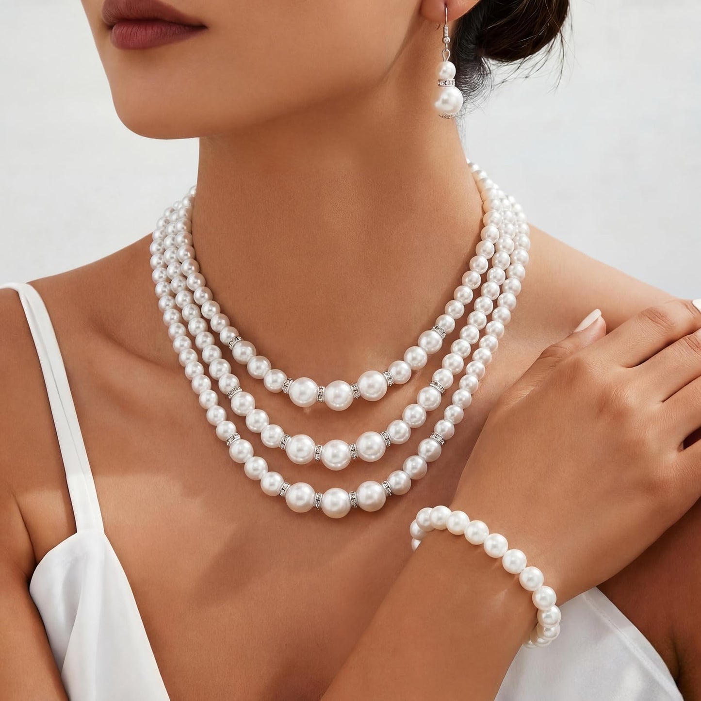 Glenmal Pearl Rhinestone Jewelry Set for Women Pearl Necklace Bracelet Earrings for Wedding Birthday Bridal Shower Tea Party(5 Pcs,Classy Style)