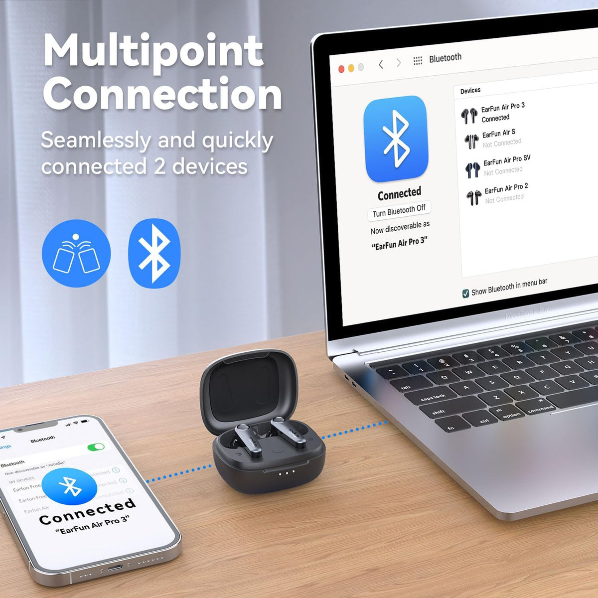 EarFun Air Pro 3 Noise Cancelling Earbuds, Qualcomm® aptX™ Adaptive Sound, 6 Mics CVC 8.0 ENC, Bluetooth 5.3 Earbuds, Multipoint Connection, 45H Playtime, App Customize EQ, Wireless Charging
