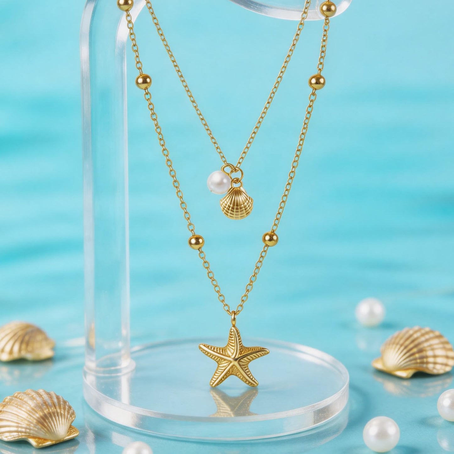 Qoncosy 2 Pcs starfish necklace, layered gold tone chain seashell pendant, beach vacation coastal accessories, gold color party daily wear women
