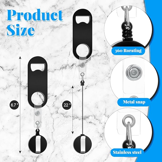 Honoson 8 Pieces Retractable Bottle Opener Bartender Flat Beer Opener with Round Badge Reel Clips Holder for Kitchen Restaurant Home Supplies Party Gifts (Classic,Black and White)