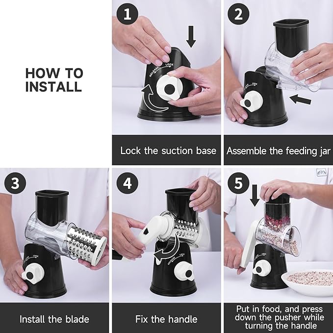 Rotary Cheese Grater with Handle, Kitchen Mandoline Vegetable Slicer with 3 Interchangeable Blades & Strong Suction Base, Easy to Clean Grater for Vegetables, Fruit, Nuts, Black