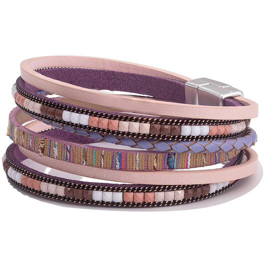 FANCY SHINY Boho Leather Wrap Bracelets Trendy Layered Bracelets with Magnetic Clasp Strackable Bohemian Cuff Jewelry Gifts for Women(Pink)